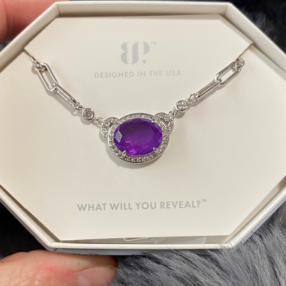 bp Silver Necklace with Purple Oval Gemstone Pendant